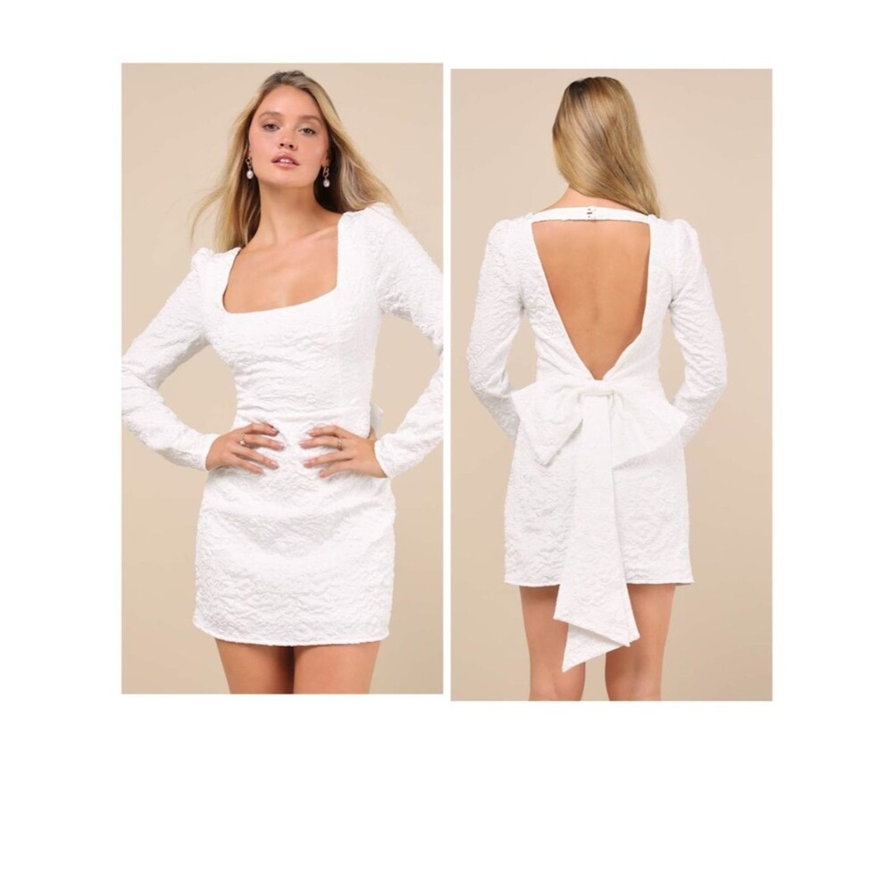 Lulus Elevated Icon White Jacquard Long Sleeve Bow Mini Dress Size Medium Bridal